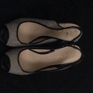 Nine West peep toe black/white patterned heels.